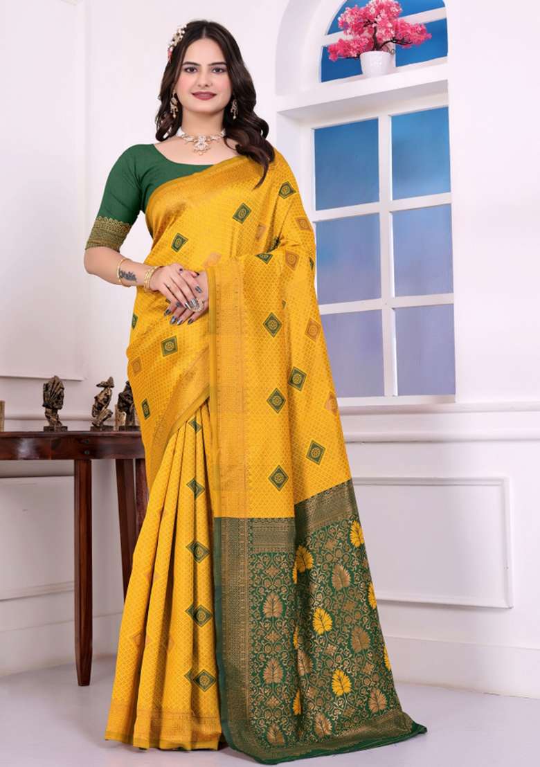 Yellow Silk Saree Set with Zari Work for Diwali | Wedding & Festive Wear - Indya