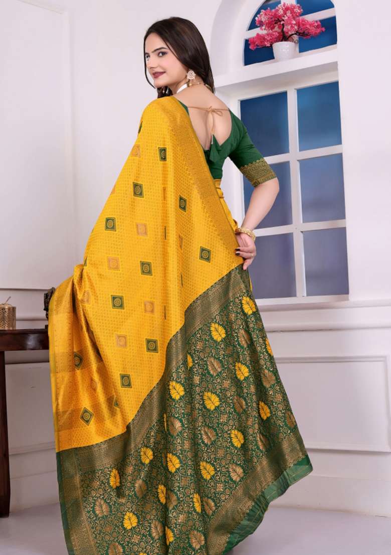 Yellow Silk Saree Set with Zari Work for Diwali | Wedding & Festive Wear - Indya