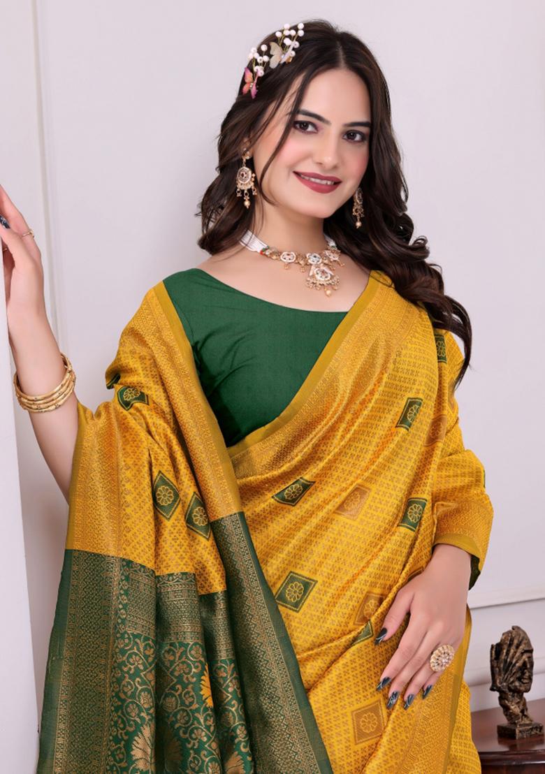 Yellow Zari Work Silk Saree Set - Indya