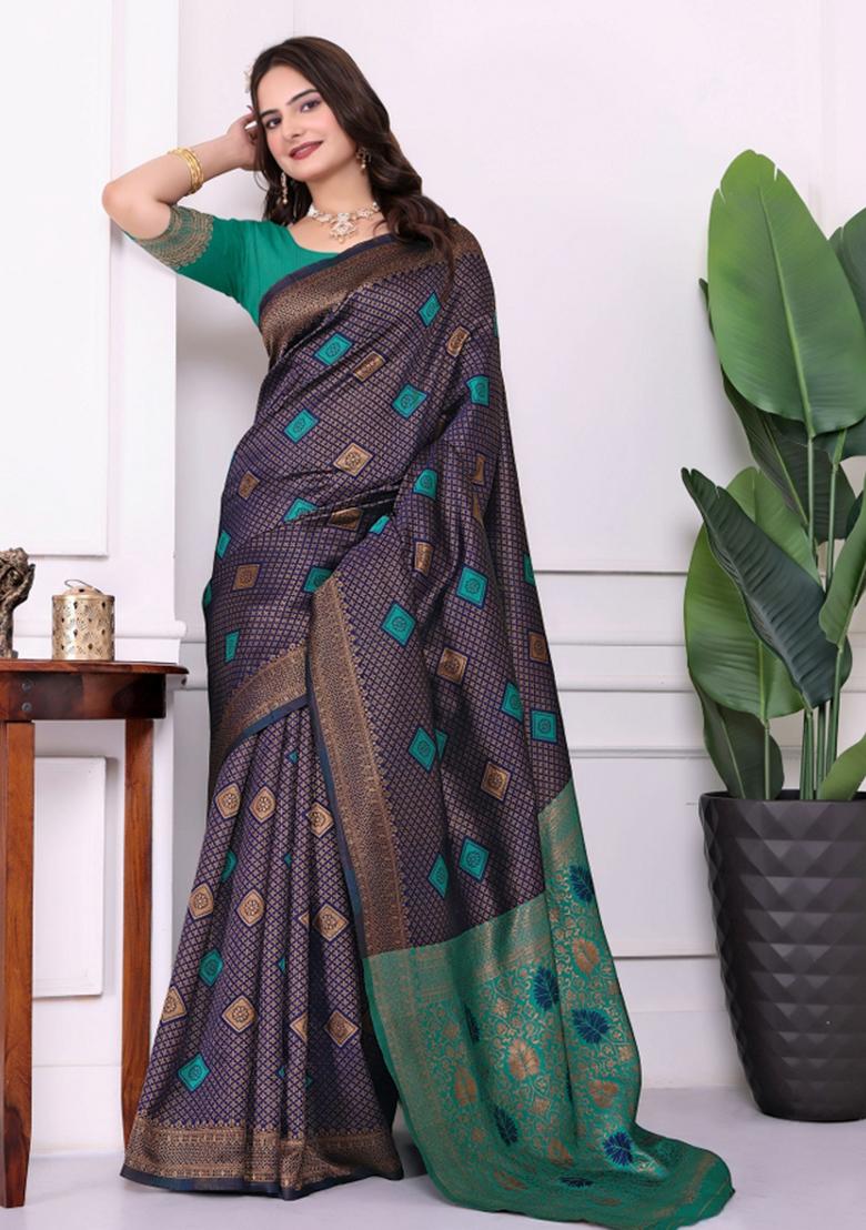 Blue Zari Work Silk Saree Set - Indya