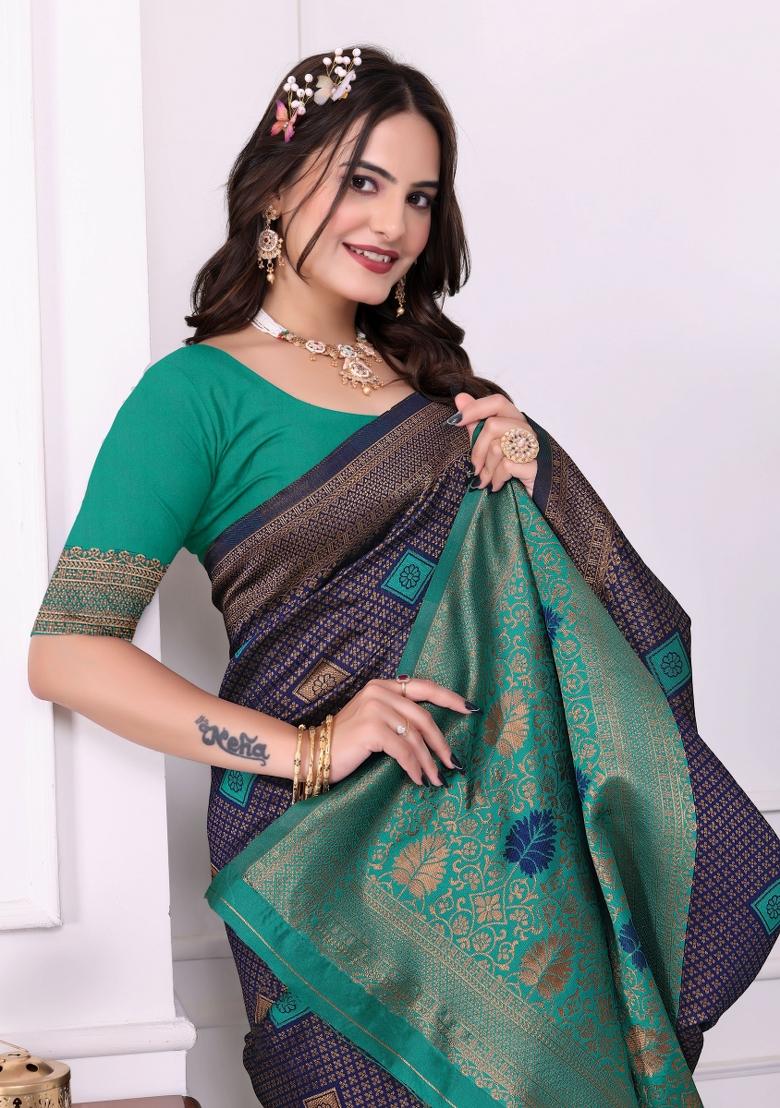 Blue Zari Work Silk Saree Set - Indya