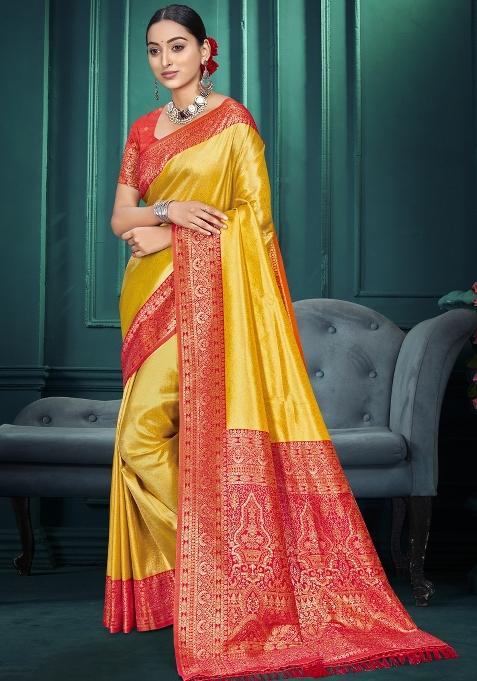 Yellow Zari Work Silk Saree Set