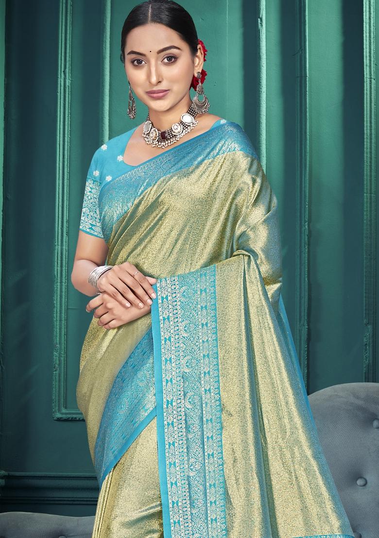 Green Zari Work Silk Saree Set - Indya