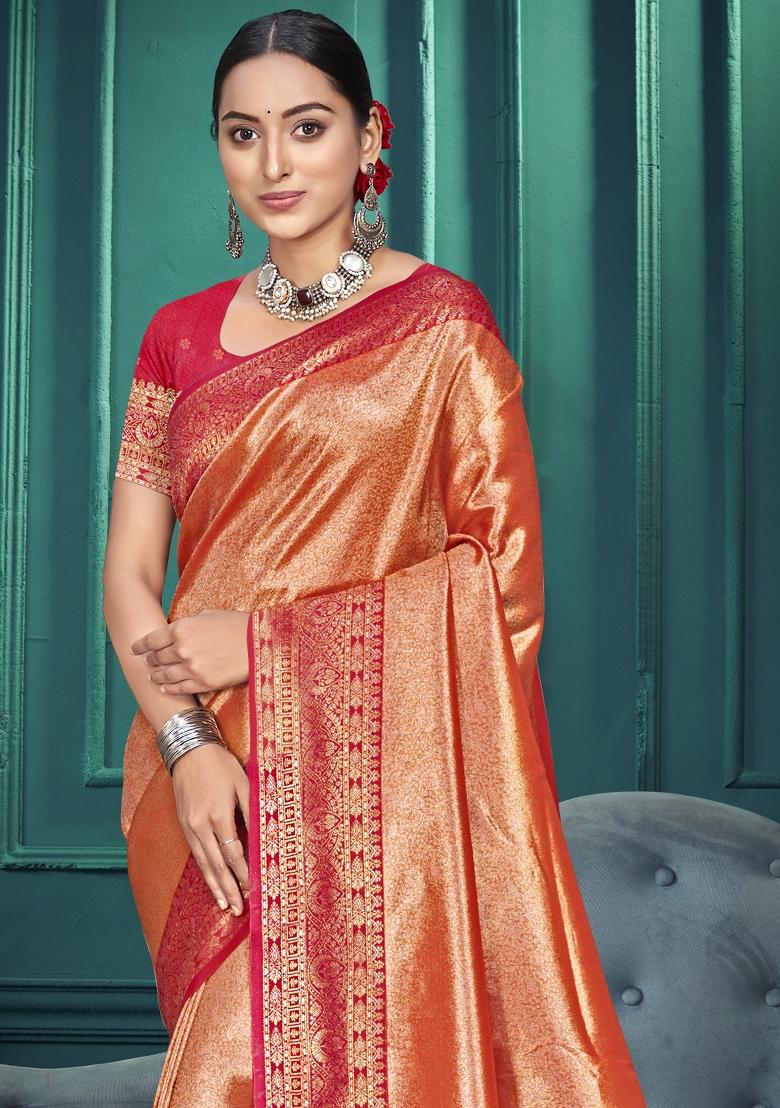 Peach Zari Work Silk Saree Set - Indya