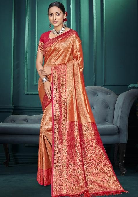 Peach Zari Work Silk Saree Set