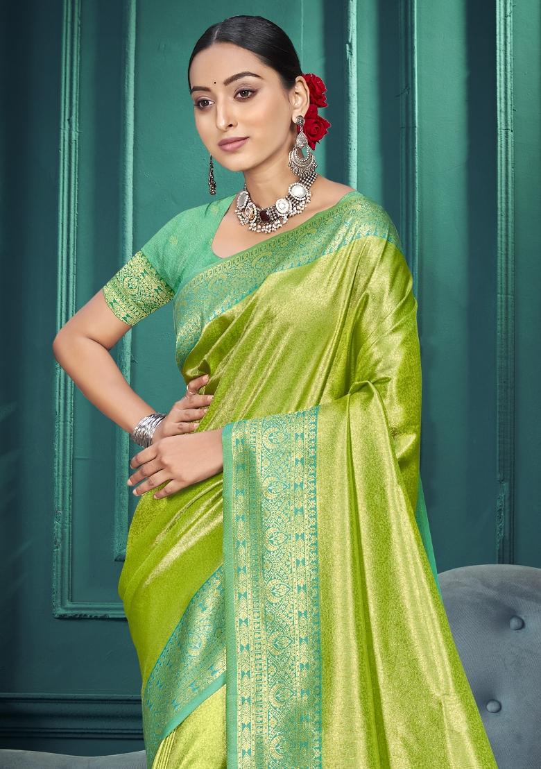 Green Zari Work Silk Saree Set - Indya
