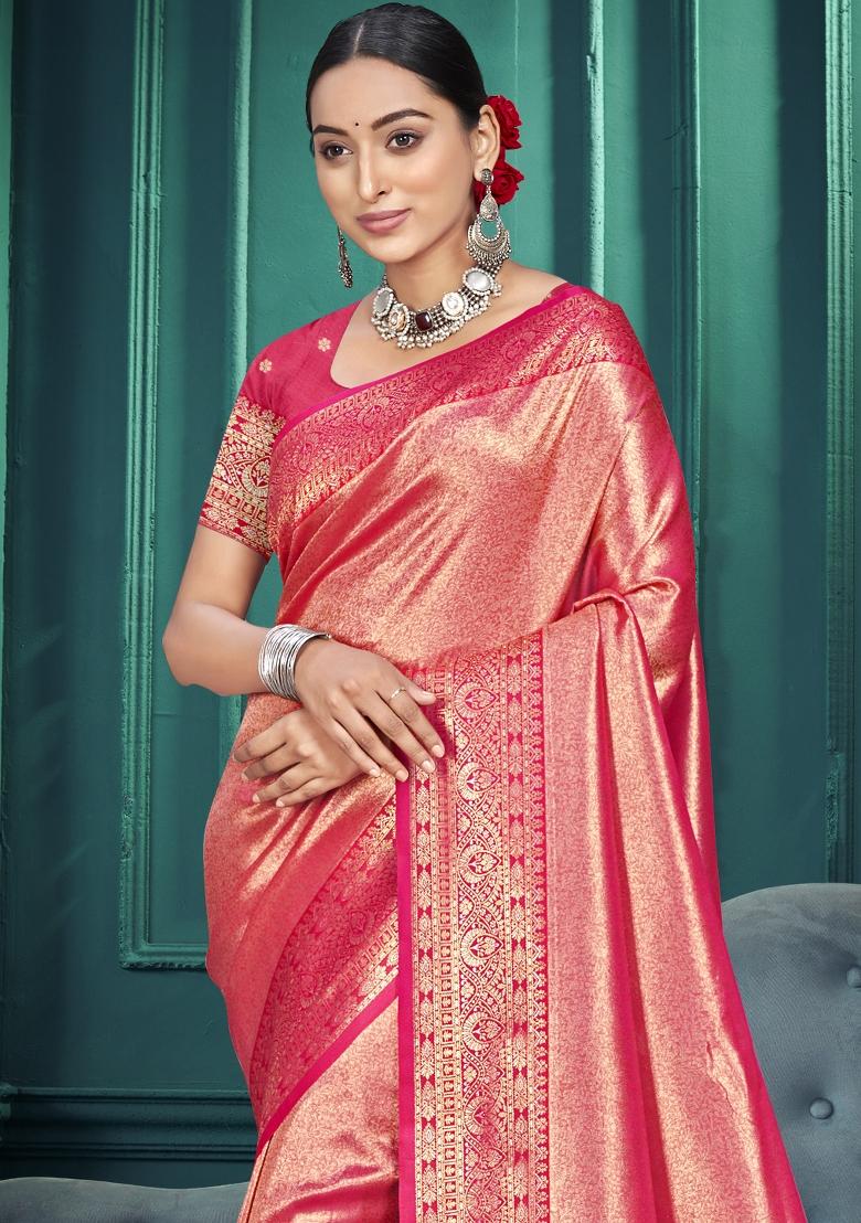 Pink Zari Work Silk Saree Set - Indya