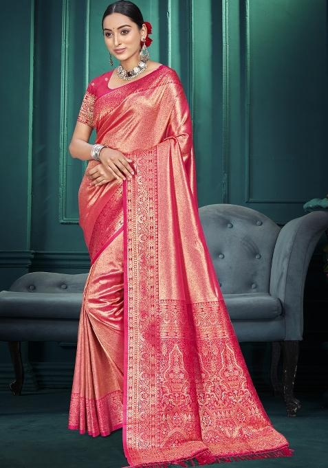 Pink Zari Work Silk Saree Set