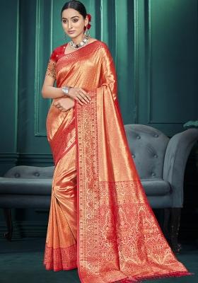 Orange Zari Work Silk Saree Set
