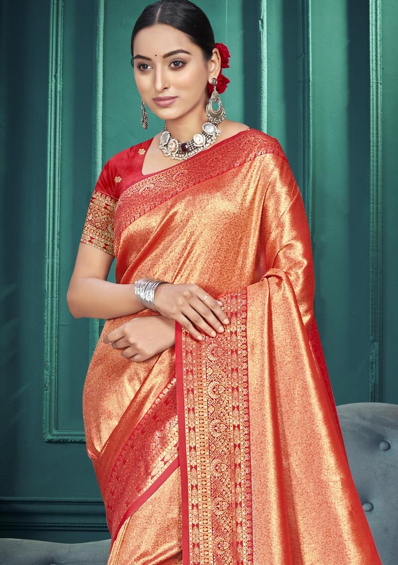 Orange Zari Work Silk Saree Set - Indya