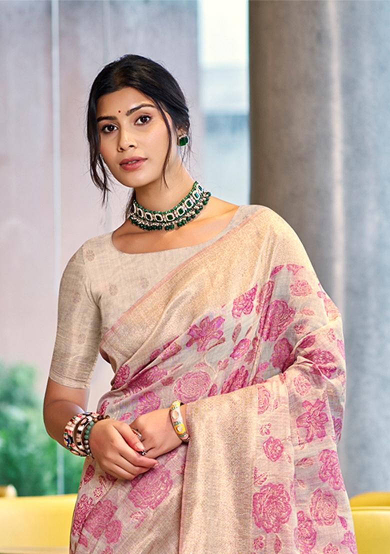 Pink Zari Work Cotton Saree Set - Indya