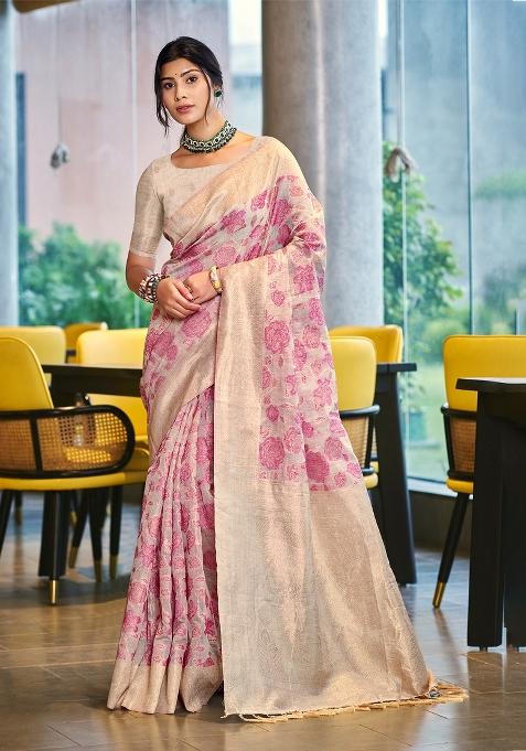 Pink Zari Work Cotton Saree Set