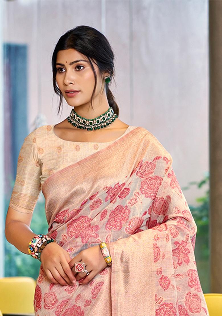 Pink Zari Work Cotton Saree Set - Indya