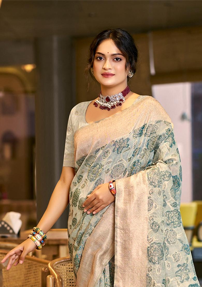 Green Zari Work Cotton Saree Set - Indya