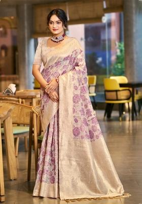 Purple Zari Work Cotton Saree Set