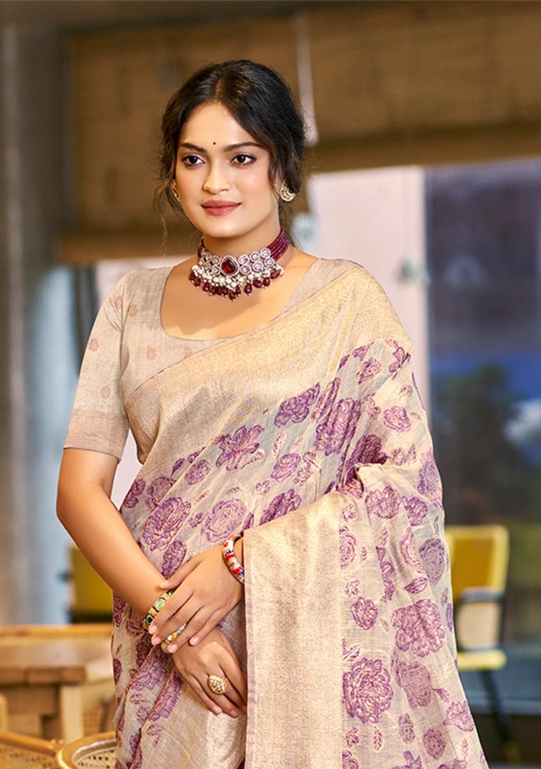 Purple Zari Work Cotton Saree Set - Indya