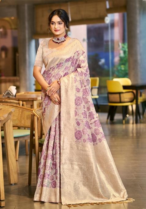 Purple Zari Work Cotton Saree Set