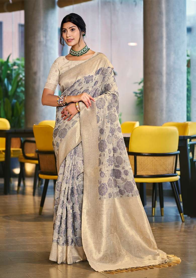Light Grey Zari Work Cotton Saree Set for Diwali and Festive Wear - Indya