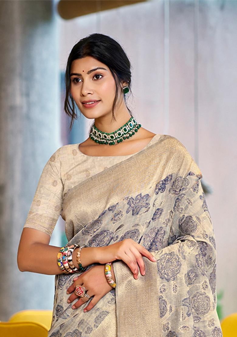 Light Grey Zari Work Cotton Saree Set - Indya