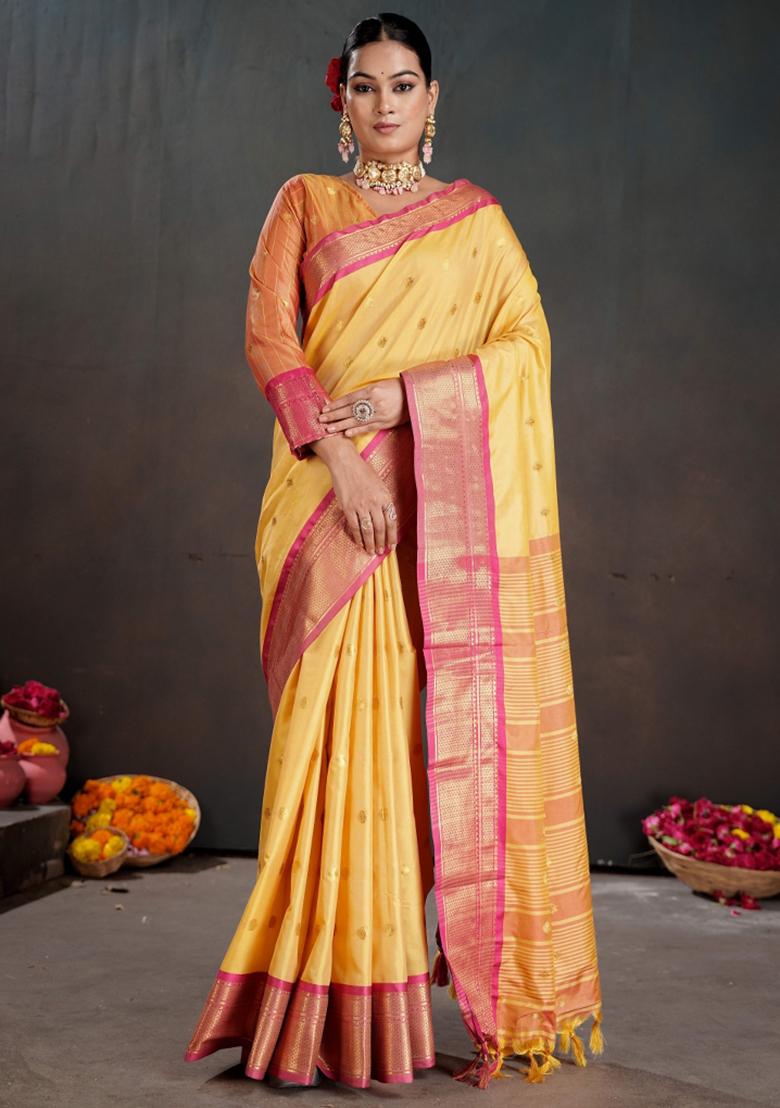 Mustard Zari Work Silk Saree Set - Indya
