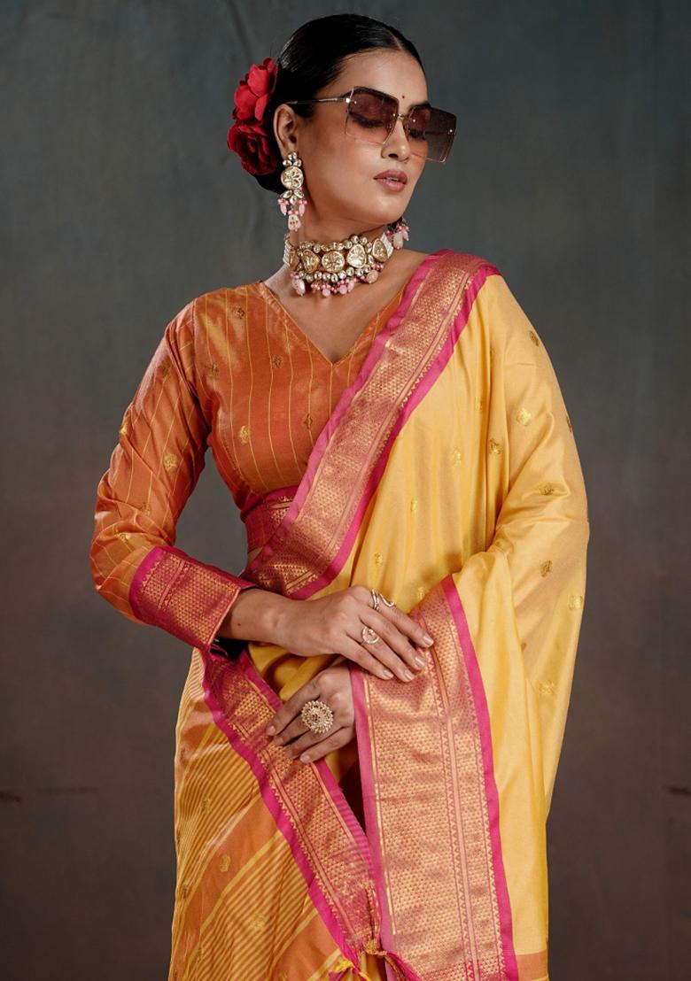 Mustard Zari Work Silk Saree Set - Indya