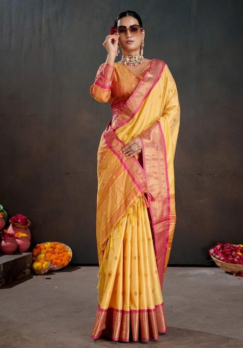 Mustard Zari Work Silk Saree Set