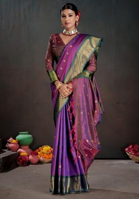 Purple Zari Work Silk Saree Set