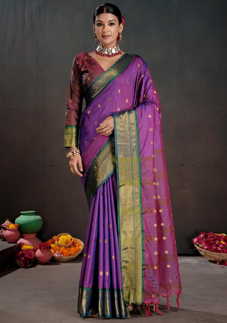 Purple Zari Work Silk Saree Set - Indya