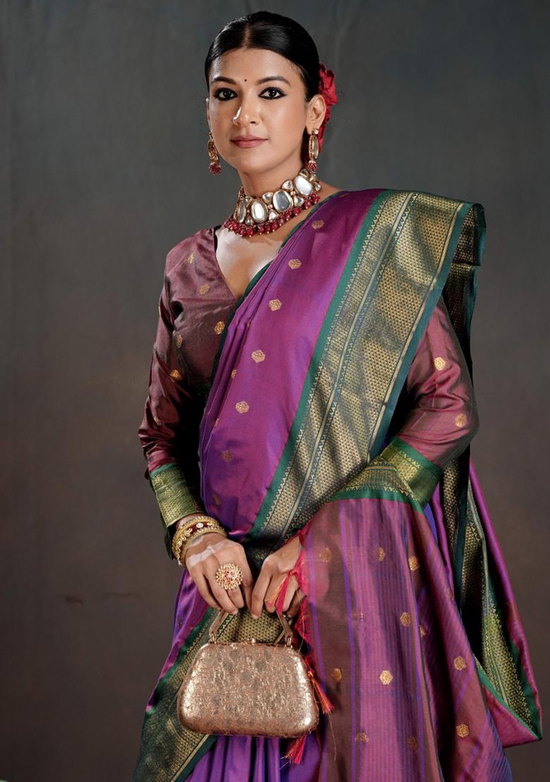 Purple Zari Work Silk Saree Set - Indya