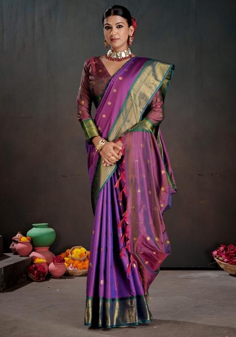 Purple Zari Work Silk Saree Set