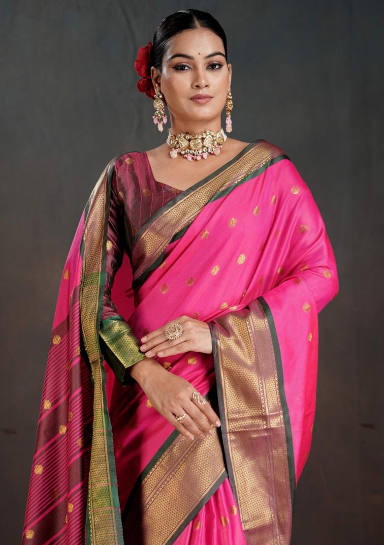 Pink Zari Work Silk Saree Set - Indya