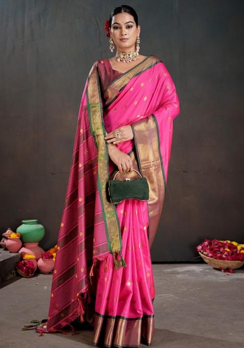 Pink Zari Work Silk Saree Set