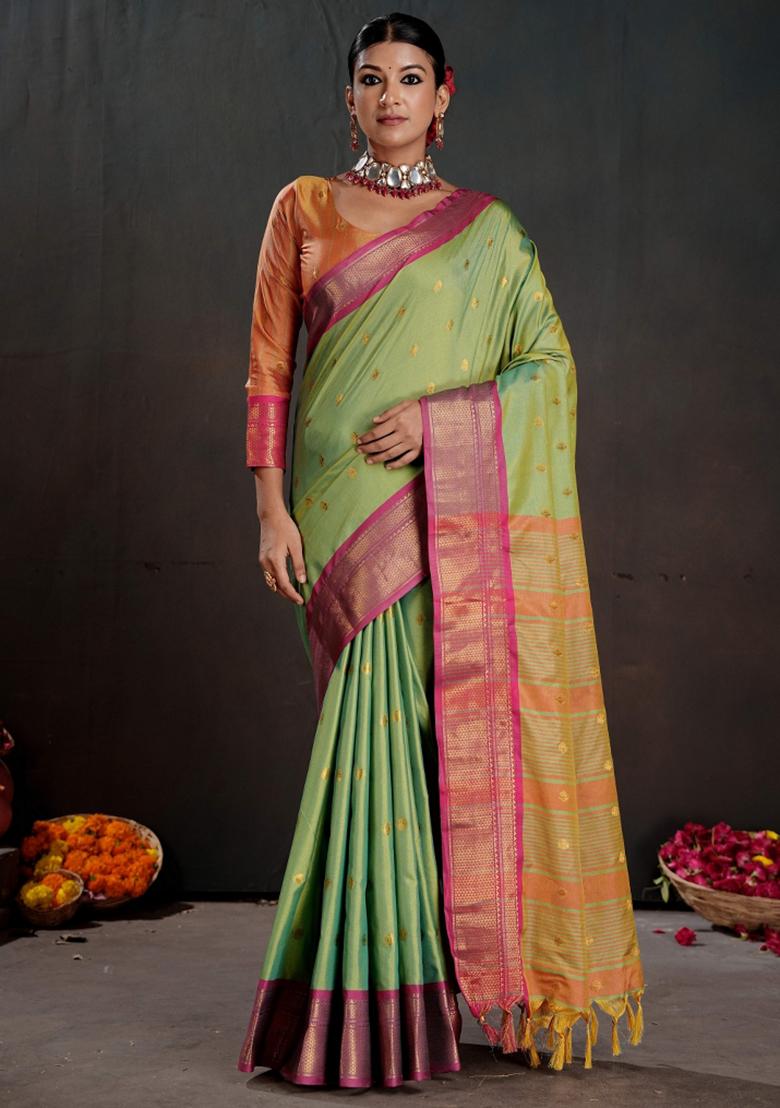 Green Zari Work Silk Saree Set - Indya