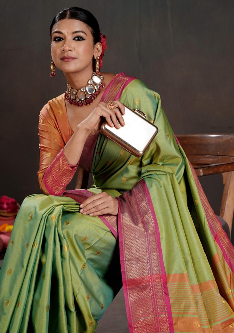 Green Zari Work Silk Saree Set - Indya