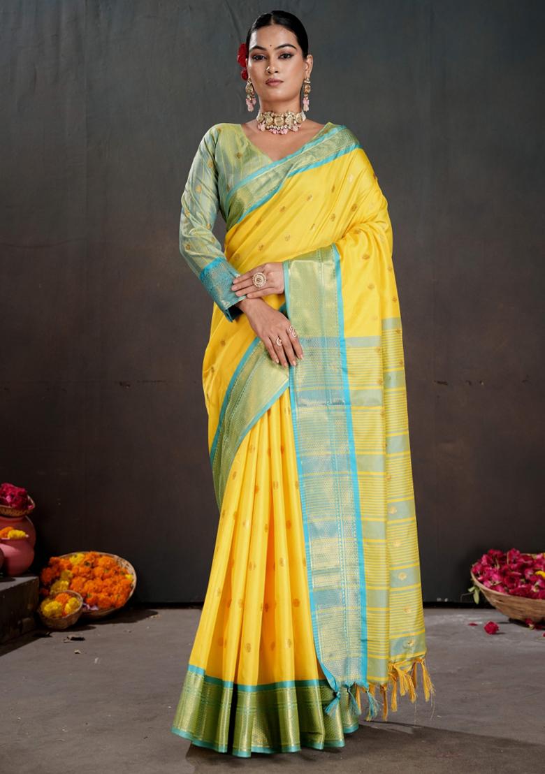 Yellow Zari Work Silk Saree Set - Indya