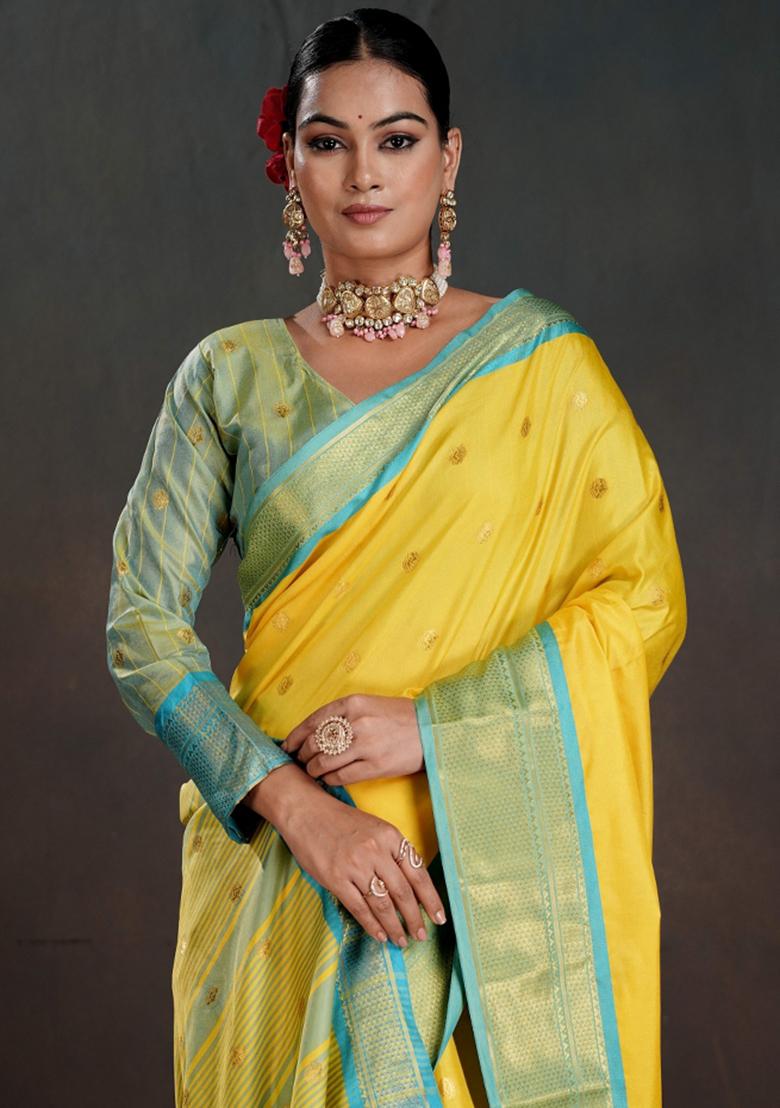 Yellow Zari Work Silk Saree Set - Indya