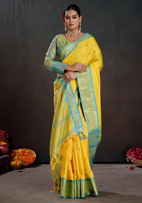 Yellow Zari Work Silk Saree Set