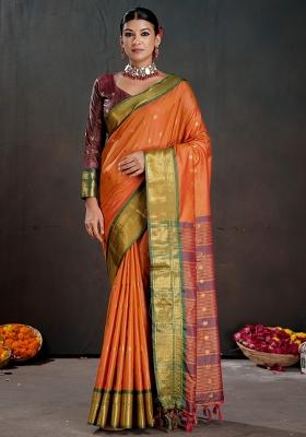 Orange Zari Work Silk Saree Set