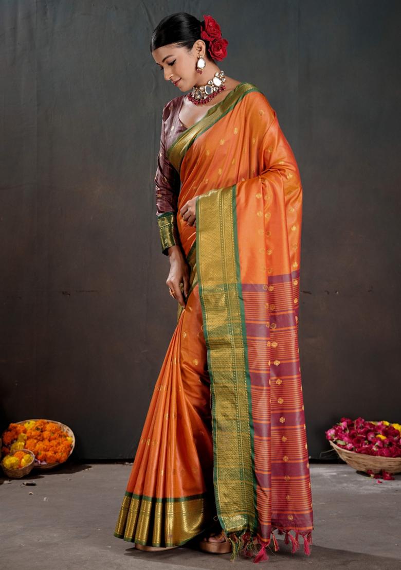 Orange Zari Work Silk Saree Set - Indya