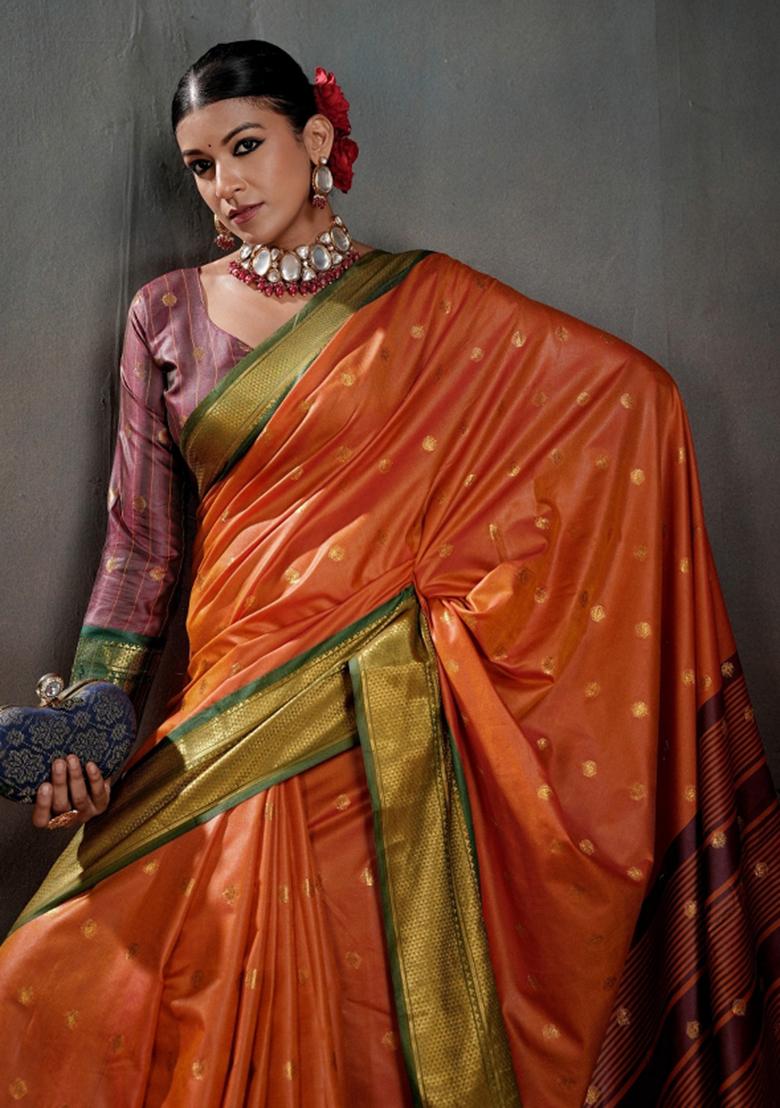 Orange Zari Work Silk Saree Set - Indya