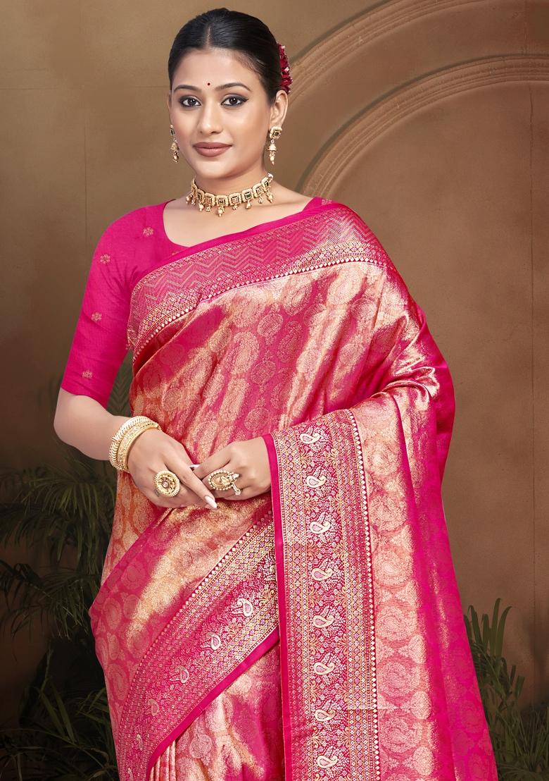 Pink Zari Work Silk Saree Set - Indya