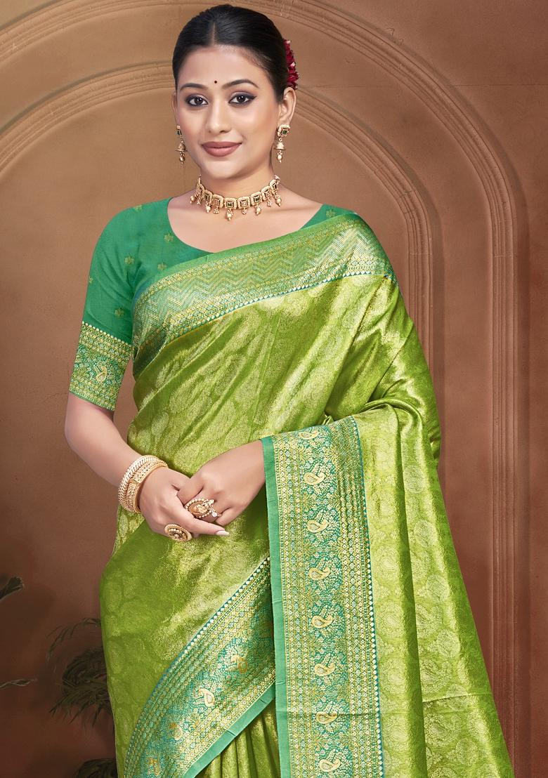Green Zari Work Silk Saree Set - Indya
