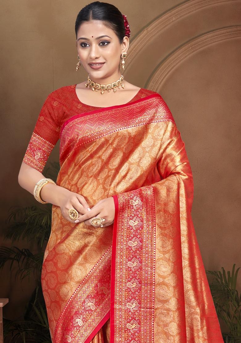 Red Zari Work Silk Saree Set - Indya