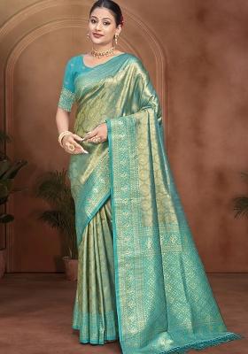Teal Zari Work Silk Saree Set