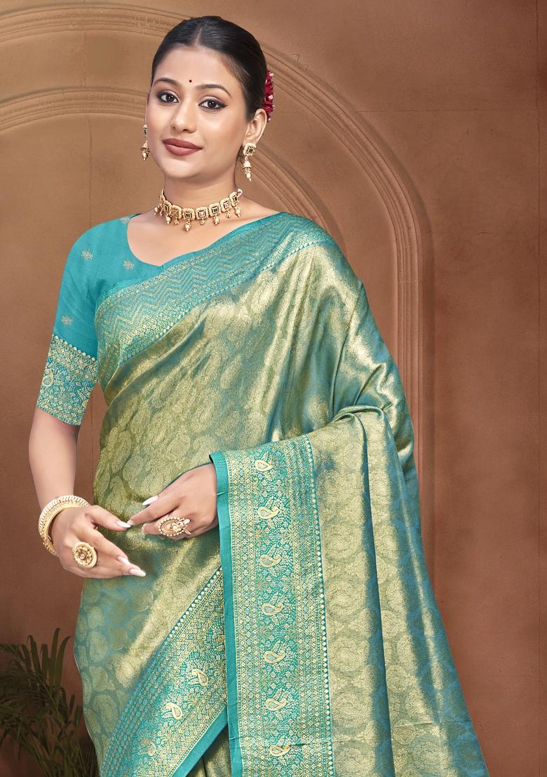 Teal Zari Work Silk Saree Set - Indya