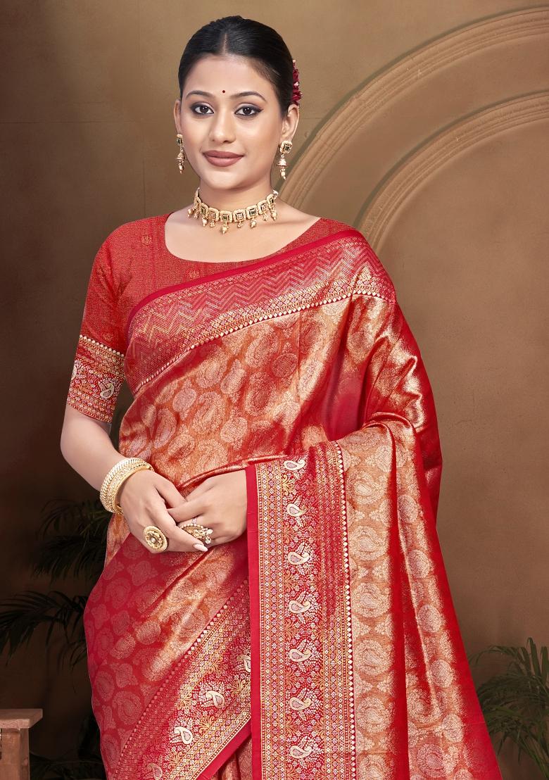 Maroon Zari Work Silk Saree Set - Indya
