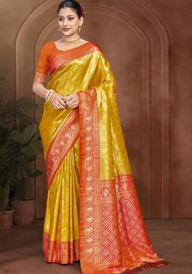 Yellow Zari Work Silk Saree Set