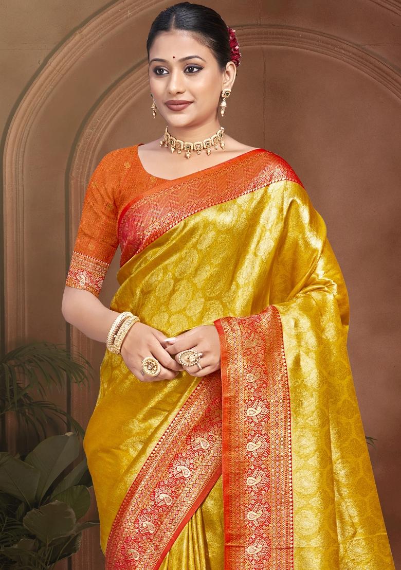 Yellow Zari Work Silk Saree Set - Indya