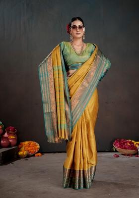 Mustard Zari Work Silk Saree Set