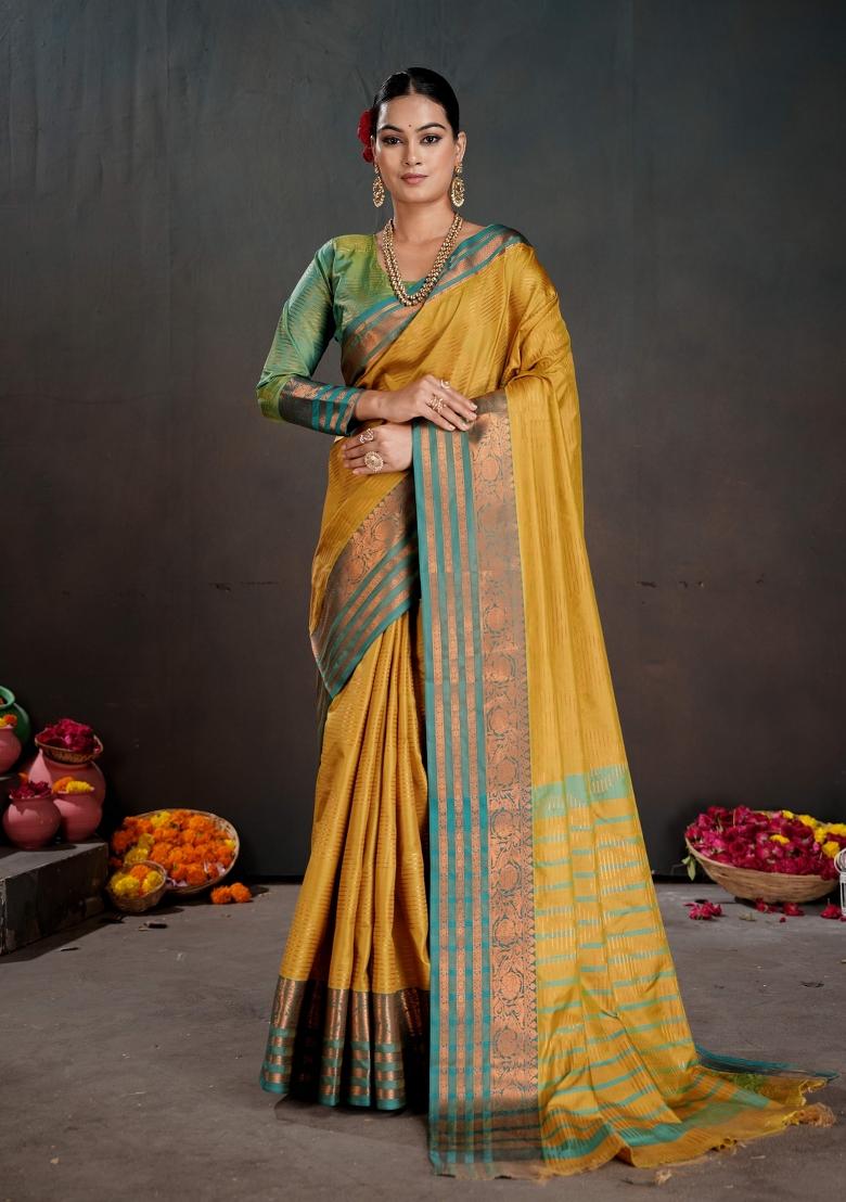 Mustard Zari Work Silk Saree Set - Indya